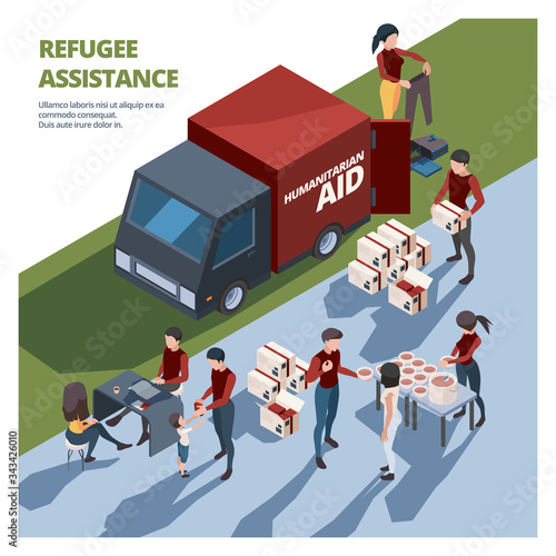 Volunteer working. Caring team helping to homeless persons social donation aid elderly van with cargo packages vector isometric. Volunteer care and donate, group people support illustration