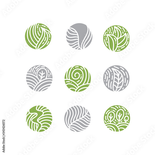 Set of tropical plant green leaves logo. Round bio emblem in a circle linear style. Vector abstract badge for design of natural products, flower shop, cosmetics, ecology concepts, health, spa, yoga