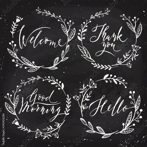 Set of four floral round frame with Good morning calligraphy.