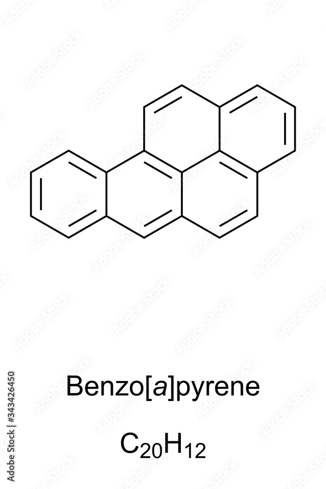 Benzopyrene skeletal formula and molecular structure. Polycyclic aromatic hydrocarbon, PAH. Carcinogenic. Can be found in coal tar, tobacco smoke and in grilled meat. Structure. Illustration. Vector. Benzopyrene skeletal formula and molecular structure. Polycyclic aromatic hydrocarbon, PAH. Carcinogenic. Can be found in coal tar, tobacco smoke and in grilled meat. Structure. Illustration. Vector.