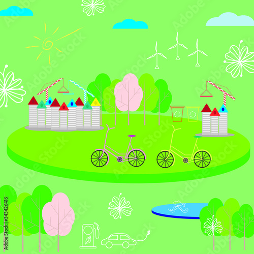 Green city concept in vector. Earth day poster. Ecological city illustration.