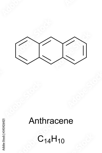 Anthracene skeletal formula and molecular structure. Polycyclic aromatic hydrocarbon, PAH. A component of coal tar and tobacco smoke. Structural formula. Illustration on white background. Vector. photo