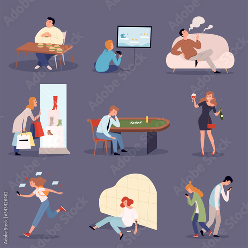 Addicted persons. Problem lifestyle drugged people casino gamers and alcoholics vector illustrations set. Addiction unhealthy and danger, bad habit