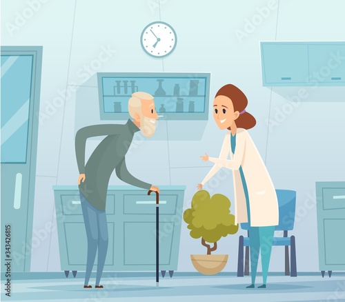 Medicine for elderly. Geriatrics, old man and doctor. Hospital visit, medical facility and nurse with patient vector illustration. Medical senior, health hospital, physician consultation