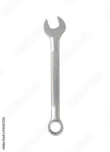 Single spanner size 18 (eighteen) isolated on white background without shadow. A Chrome wrench in vertical. Combination Box-End Open-End Wrench