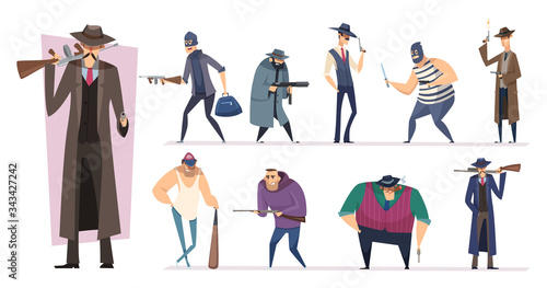 Mafia characters. Masked threat gangster brutal bandit with guns vector persons isolated. Killer and mafia gang, bandit and mobster, gangster brutal illustration