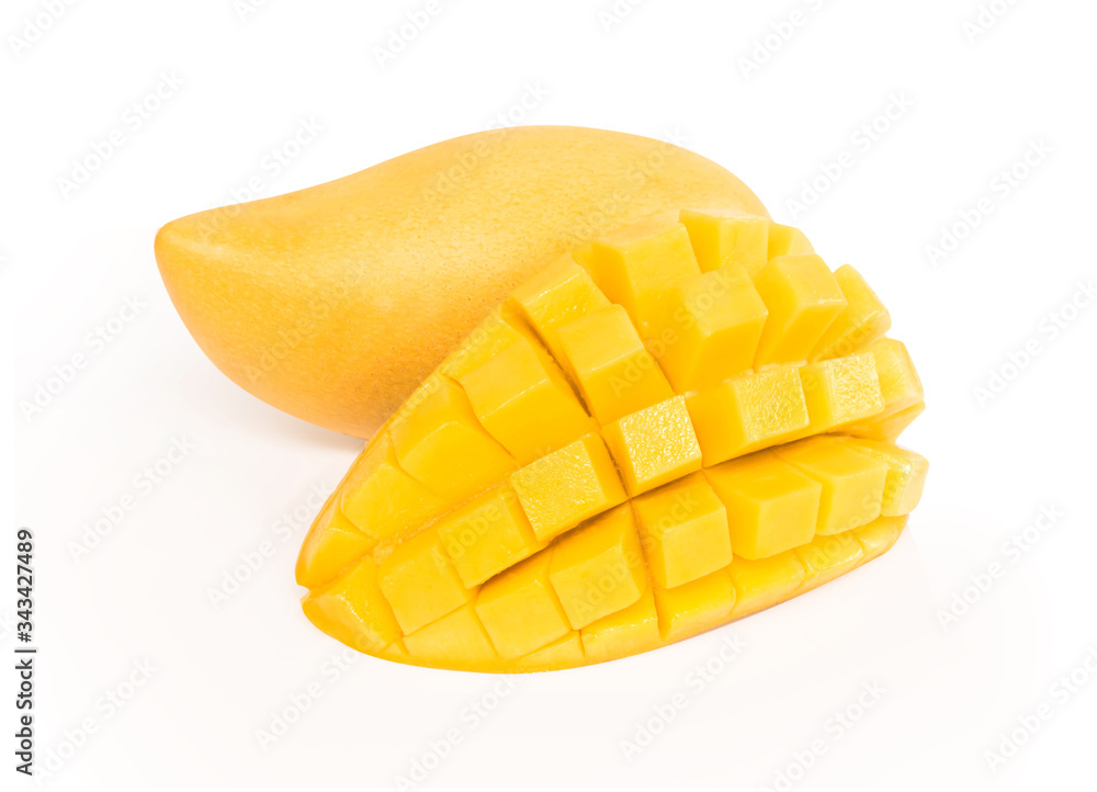 Closeup ripe mango tropical fruit with slice isolated on white background Closeup ripe mango tropical fruit with slice isolated on white background