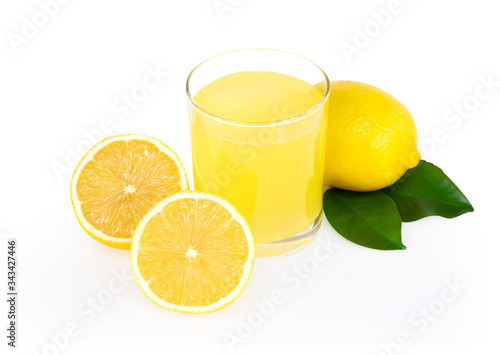 Closeup glass of lemon juice drink isolated on white background, food heathy concept