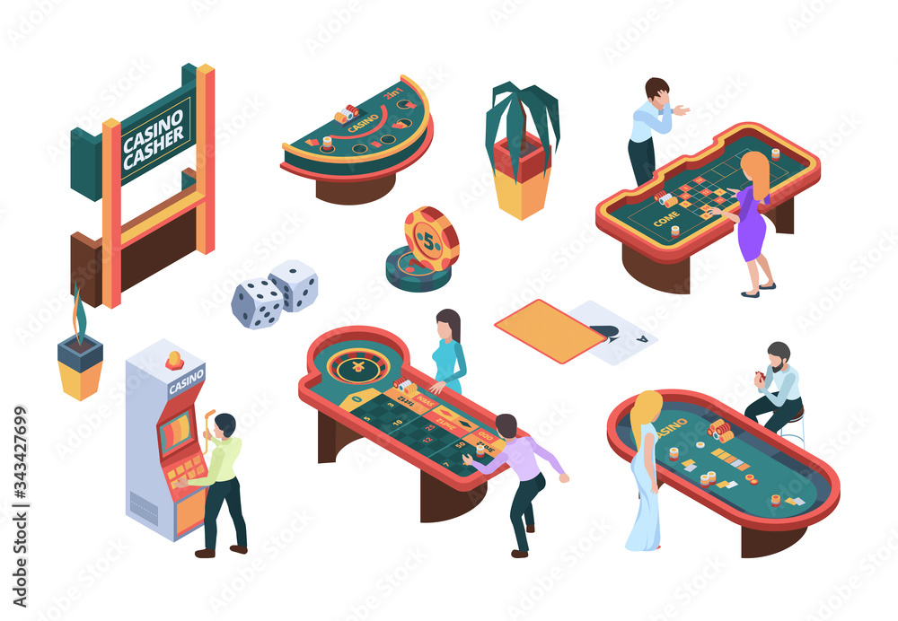 Casino people. Gaming nightclub cards poker slot machine gambling characters vector isometric illustration. Gambling poker, casino and roulette, jackpot luck