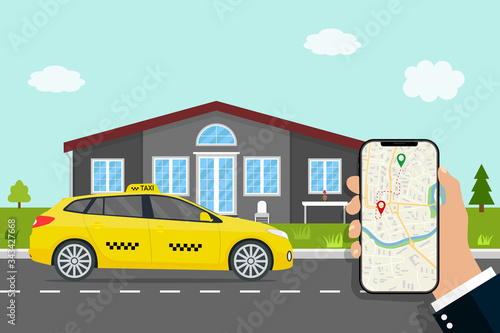 Uber delivery. App of call taxi. Car gps map of city. Smart navigator with roadmap in mobile. Service of fast online order taxi. Yellow car is parking on street town. Location in phone screen. Vector