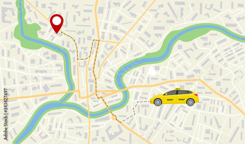 Map of taxi car. App navigator, gps on street of city. Direction, destination of taxi vehicle on road. App for travel, delivery, business. Orientation, location in town. Pathway on address. Vector