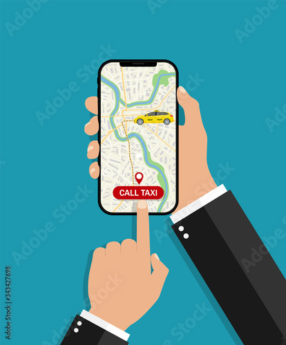 Hand hold phone with app uber taxi. Online booking car in service taxi for delivery. Using gps map in application for travel. Location passenger and driver in smartphone. Transport in city. Vector
