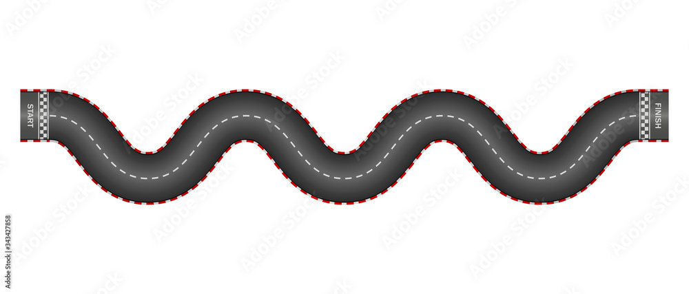 Curve track for car. Asphalt road with start, finish for f1. 3d texture of street. Tarmac surface for kart. Top formula in monaco. Black highway with white line and curbs. Endless speedway. Vector Curve track for car. Asphalt road with start, finish for f1. 3d texture of street. Tarmac surface for kart. Top formula in monaco. Black highway with white line and curbs. Endless speedway. Vector