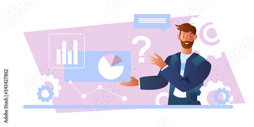 Online business consultation concept with successful businessman, diagrams and gears. Smiling finance expert in a suit. Illustration in flat style for web pages, advertisements, apps.