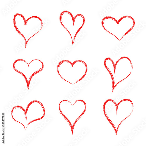 Heart hearth. Collection of handmade hearts. Love pattern. Heart drawn of brush. Handdrawn red logo for flirt, sweetheart, valentine day, marriage. Grunge shapes for cartoon, gift, label. Vector