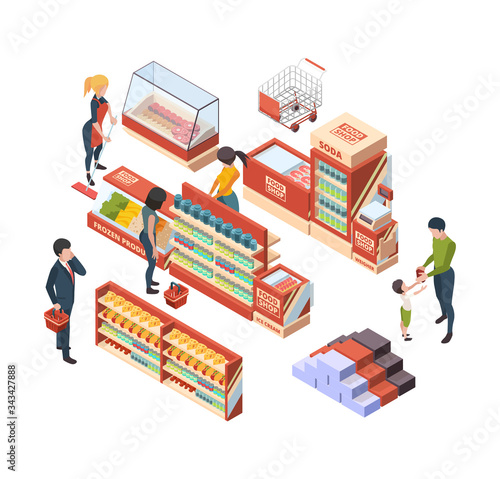 Grocery customers. Isometric people with shopping carts in retail market buying food marketplace items vector collection. Illustration retail and market, shop with purchase, buy isometric