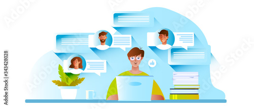 Vector illustration with successful boss woman, laptop and houseplant. Remote HR concept with candidates’ profiles and avatars, female freelancer, home workplace. Online communication banner