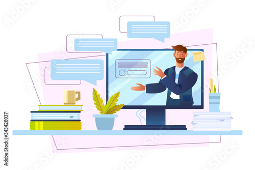Online course banner with male tutor, computer screen, messages, papers, cup. Remote education and work concept with smiling man in a suit, houseplant. Digital communication illustration in flat style