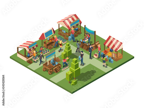 Local market. Farmers selling healthy natural farming products in containers outdoor store with vegetables and fruits vector isometric concept. Organic market, store vegetable and fruit illustration