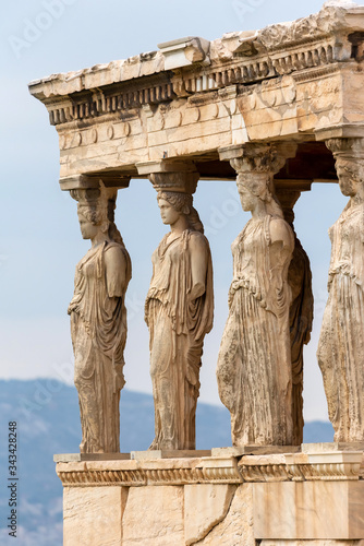 The porch of the Caryatids, a detail of the Erechtheion temple at the Acropolis of Athens, Greece