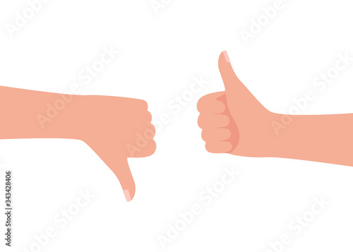 Hand gesture man feedback like and dislike. Hands finger up and down. Congratulations, cheering, thanksgiving, thank you and condemn, deny, bad. Vector illustration
