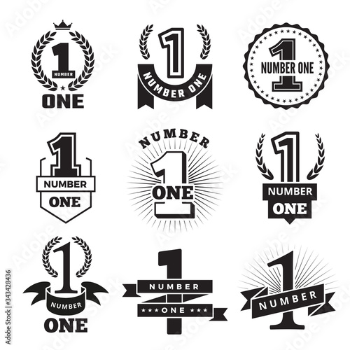 Number one. Badges or banners award or business achievements vector monochrome set. Winner badge champion number, achievement and competition reward illustration