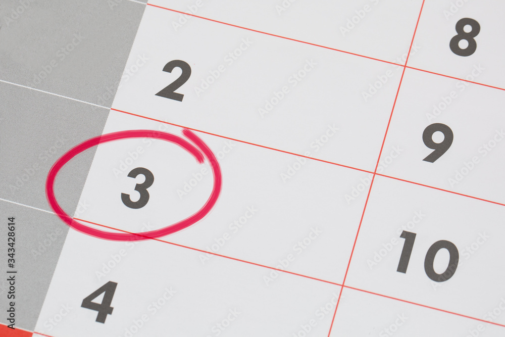 3rd Date of the Month marked in red marker pen on a simple planner calendar 3rd Date of the Month marked in red marker pen on a simple planner calendar