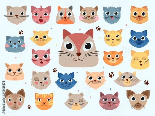 Kitty head. Funny animals domestic colored cats different emotions vector doodle illustrations. Kitty head, cat animal character