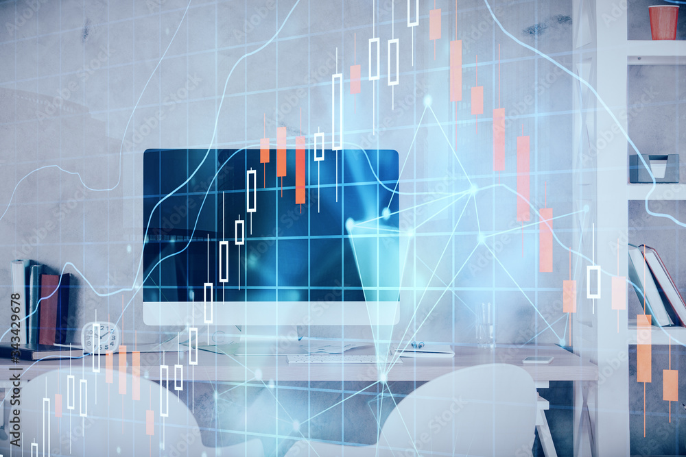 Multi exposure of stock market chart drawing and office interior background. Concept of financial analysis. Multi exposure of stock market chart drawing and office interior background. Concept of financial analysis.