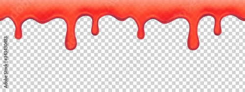 Strawberry jam dripping. Melted red syrup, transparent current liquid. Realistic fruit marmalade vector seamless pattern. Fruit red melt jam, syrup liquid sweet illustration