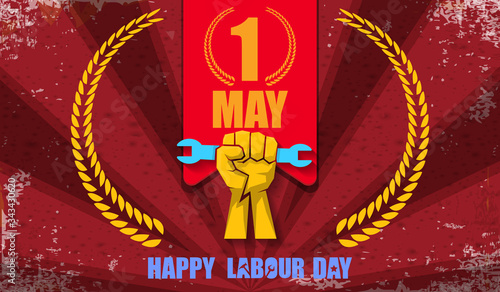 Happy labour day vector label with strong orange fist isolated on red rays horizontal background. vector happy labor day background or horizontal banner with man hand. red workers may day poster