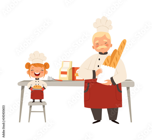 Baking workshop. Smiling girl and chef in uniform cooking fresh bread. Happy time with grandfather vector illustration. Chef cooking and smiling girl with bread