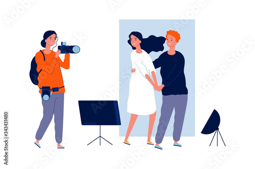 Professional photo session. Young couple or newlyweds posing in studio. Isolated photographer, girl and boy vector illustration. Couple love profession photo session, photographer with camera