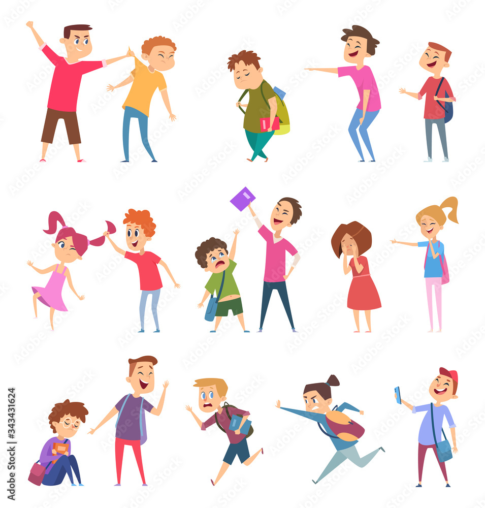 Bullied characters. School kids conflict social problems of stressed people scared emotions vector cartoon illustrations. Bullying and conflict, social bully problem