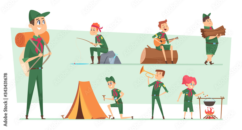 Scouts characters. Summer campers boys and girls junior rangers group survival scouts with backpacks vector kids. Boy and girl scout, bonfire and fishing illustration