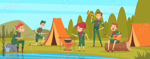 Outdoor scouts. Teacher studying little rangers survive in wild tree group of scouts in uniform sitting in camp events vector characters. Forest rest exploration, explorer sitting in camp illustration photo