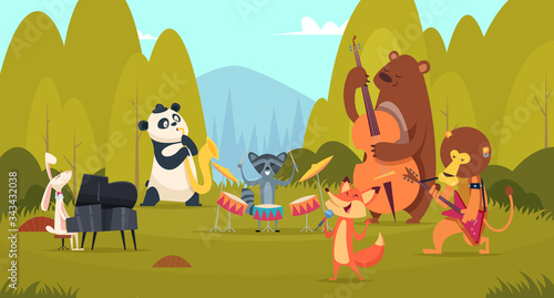 Animals musicians in forest. Music band playing on instruments in the green meadow zoo vocal entertainment voice band vector background. Playing concert in forest, adorable wildlife illustration