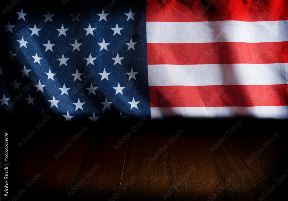 USA flag on wooden background and floor.