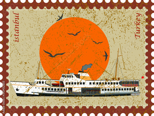 Istanbul Ferry illustration with istanbul silhouette. Traditional Turkish steamboat. Seagulls. Istanbul Bosphorus .vintage postage stamp with a ship.