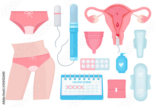 Feminine menstruation. Woman period cycles panties female health protection calendar hygiene items vector flat pictures. Menstruation period protection, health menstrual hygiene illustration