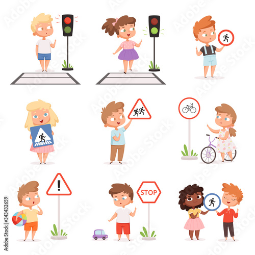 Traffic road education. School kids learning safety crossroad walking traffic lights and signs vector illustrations set. Boy and girl education safety traffic on road  regulation direction
