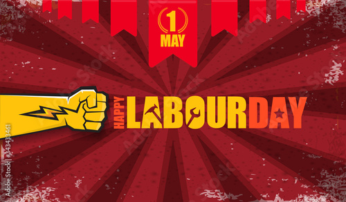 Happy labour day vector label with strong orange fist isolated on red rays horizontal background. vector happy labor day background or horizontal banner with man hand. red workers may day poster