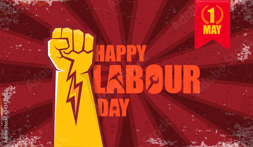 Happy labour day vector label with strong orange fist isolated on red rays horizontal background. vector happy labor day background or horizontal banner with man hand. red workers may day poster