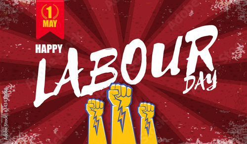 Happy labour day vector label with strong orange fist isolated on red rays horizontal background. vector happy labor day background or horizontal banner with man hand. red workers may day poster