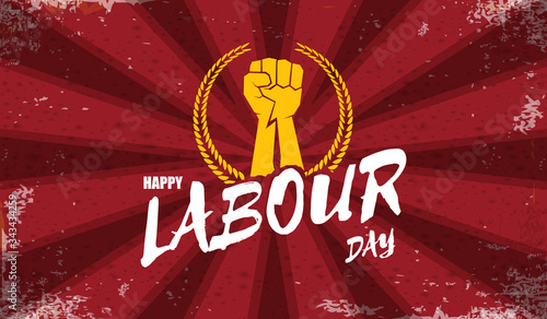 Happy labour day vector label with strong orange fist isolated on red rays horizontal background. vector happy labor day background or horizontal banner with man hand. red workers may day poster