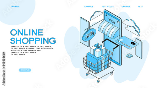 The sale and consumer concept. A person buys an online store using a smartphone. Landing page template. 3d vector isometric illustration.