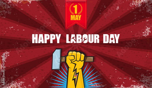 Happy labour day vector label with strong orange fist isolated on red rays horizontal background. vector happy labor day background or horizontal banner with man hand. red workers may day poster