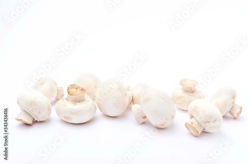Closeup of row of fresh edible champignon mushrooms on the white background 