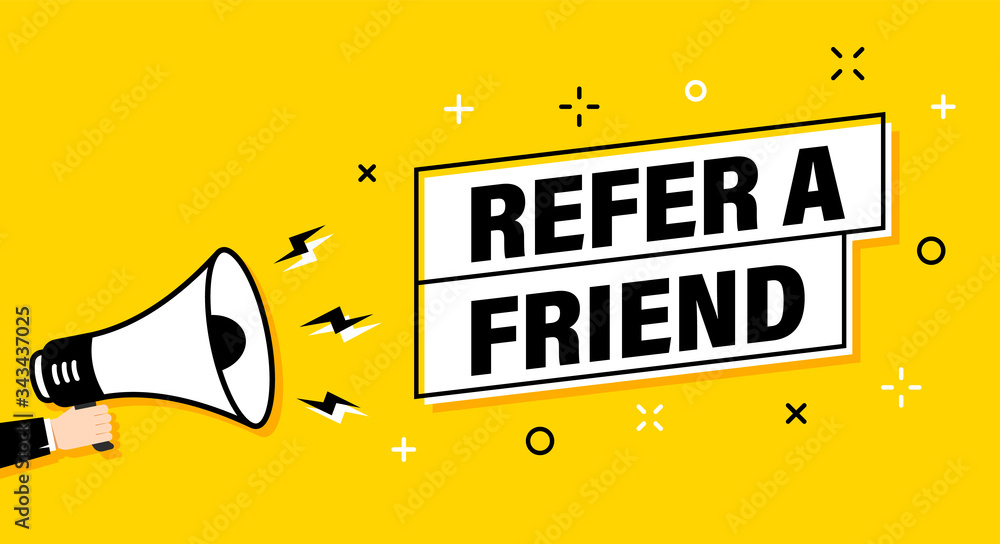 Εκτύπωση καμβά Male hand holding megaphone with refer a friend speech bubble