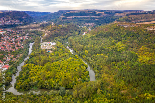 Aerial view from drone of the big curve of river Yantra, Bulgaria